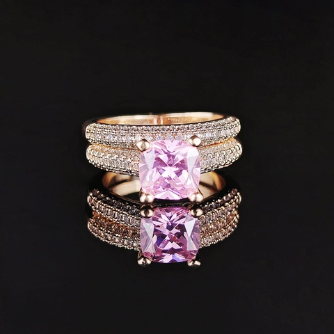 Luxury Copper Pink Cushion Cut Rhinestone Stackable Ring Set For Women Square Pave Engagement Wedding Band Jewelry
