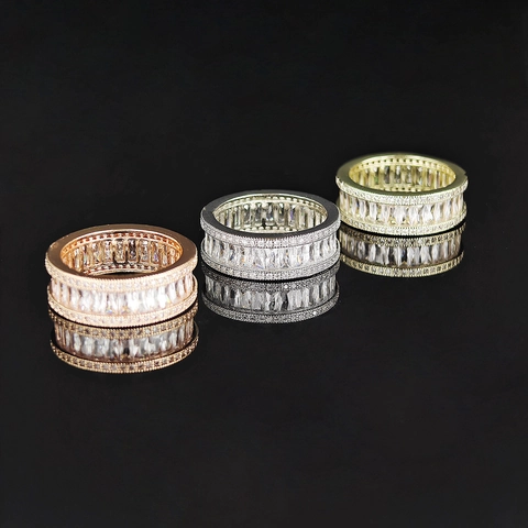 Hip Hop Trendy Kupfer Baguette Strass Ring Für Herren Damen Galvanisiert Luxus Vollbesetzt Mit Strass Ewigkeit Fingerring Schmuck