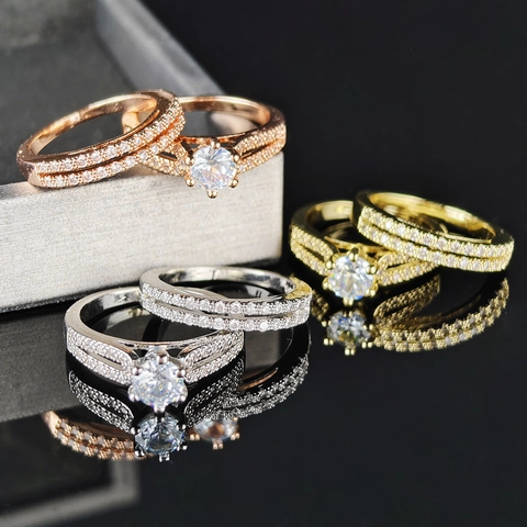 Copper Zirconia Stackable Rings For Women Minimalist Wedding Party Jewelry Round Cut Solitaire Ring Rose Gold Silver