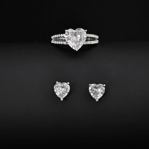 Exquisites Herzform Zirkonia Schmuck Für Damen Versilbertes Kupfer Herz Ring Und Ohrstecker Romantischer Eleganter Schmuck