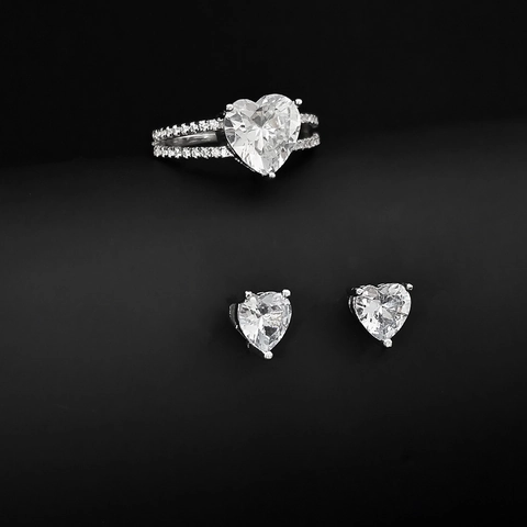 Exquisites Herzform Zirkonia Schmuck Für Damen Versilbertes Kupfer Herz Ring Und Ohrstecker Romantischer Eleganter Schmuck