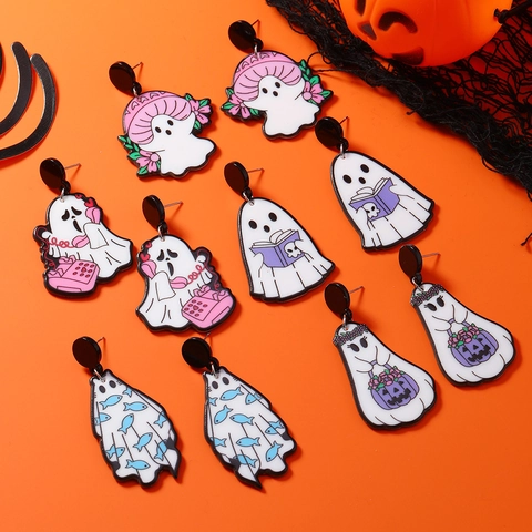 Halloween Cartoon Weißer Geist Acryl Ohrhänger Lustiges Pilz Kürbis Muster Süßer Festlicher Party Schmuck Für Damen