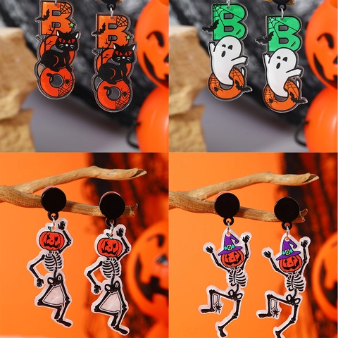 Pendientes Colgantes de Acrílico Divertidos de Halloween Con Poste de Acero Inoxidable Calabaza Esqueleto Gato Negro Joyería Mujer