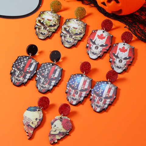 Halloween Acryl Schedel Hangende Oorbellen Horror Thema Vlag Bloemen Camouflage Patroon Feestelijke Sieraden Voor Dames Heren