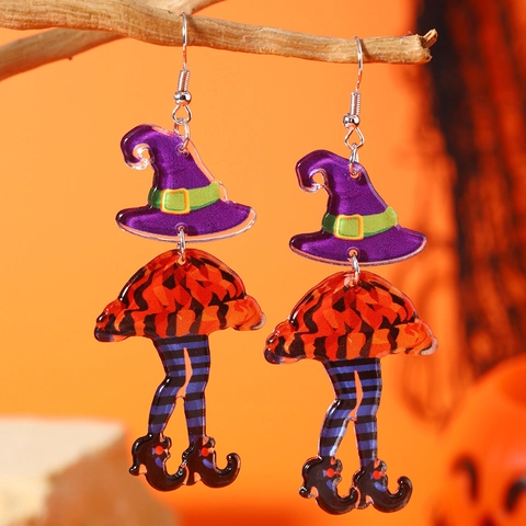 Halloween Hexenbein Acryl Tropfenohrringe Für Damen Spuk Splicing Bedruckt Lila Orange Hängerohrringe Festlicher Schmuck