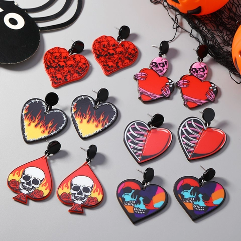 Halloween Gothic Acryl Totenkopf Herz Ohrhänger Gruselige Flamme Rippenkäfig Pik Rose Ohrringe Punk Party Schmuck Damen
