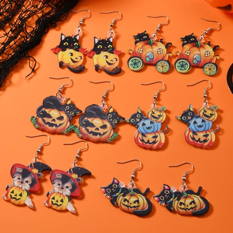 Halloween Zwarte Kat Pompoen Acryl Hangende Oorbellen Voor Dames Leuke Cartoon Dubbelzijdig Bedrukte Festival Feest Sieraden Cadeau