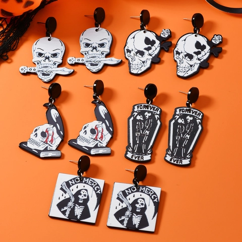 Halloween Gothic Acrylic Skull Raven Coffin Drop Earrings With Stainless Steel Earring Post For Women Horror Party Jewelry