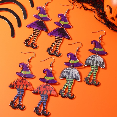 Halloween Hexenbein Acryl Tropfenohrringe Für Damen Spuk Splicing Bedruckt Lila Orange Hängerohrringe Festlicher Schmuck