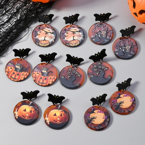 Halloween Fun Cartoon Pumpkin Ghost Black Cat Acrylic Drop Earrings Bat Shape Stud Earrings For Women Party Holiday Jewelry