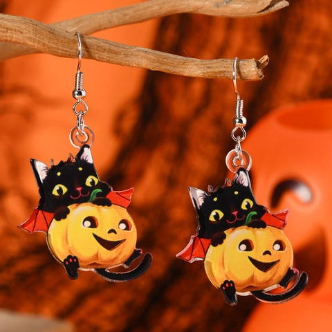 Halloween Zwarte Kat Pompoen Acryl Hangende Oorbellen Voor Dames Leuke Cartoon Dubbelzijdig Bedrukte Festival Feest Sieraden Cadeau