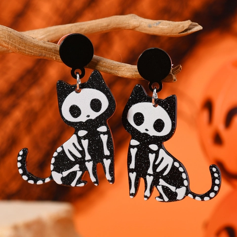 Halloween Spider Skeleton Cat Dog Earrings Alloy Acrylic Rhinestone Stud Dangle Earrings Women Spooky Gothic Jewelry