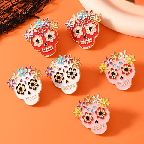 Halloween Day Of The Dead Sugar Skull Earrings For Women Alloy Enamel Floral Skull Ear Jewelry Festive Gothic Party Accessory