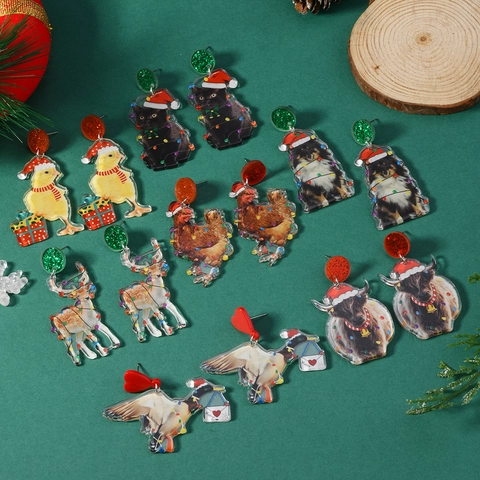 Funny Christmas Animal Acrylic Earrings For Women Cartoon Cat Dog Elk Highland Cow Rooster Duck Drop Earrings Jewelry Gift