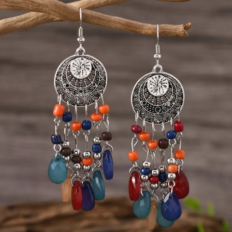 Boho Vintage Ethno Quasten Ohrringe Für Damen Mehrfarbige Strass Harz Perle Hängeohrringe Jhumka Legierung Schmuck