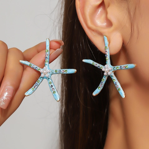 Exaggerated Alloy Ocean Theme Earrings For Women Gold Plated Rhinestone Artificial Pearl Starfish Octopus Shell Conch Dangle Earrings Jewelry Gift