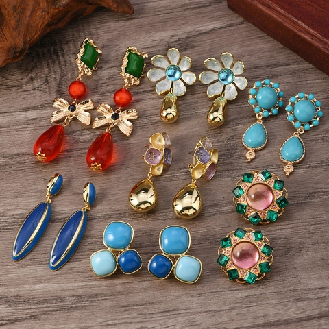 Vintage Palace Style Alloy Earrings Elegant Turquoise Crystal Rhinestone Bohemian Dangle Stud Earrings For Women Jewelry