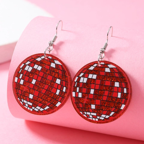 Vintage Disco Ball Glitter Drop Earrings For Women Acrylic Heart Round Checkerboard Pattern Retro Party Jewelry Accessories