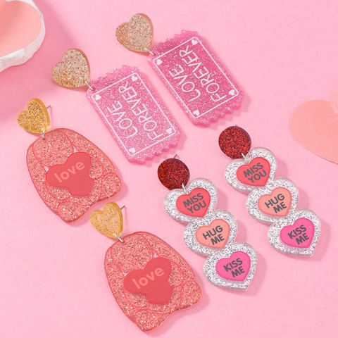 Pendientes Colgantes Románticos de Acrílico con Letras de Corazón para Fiesta de San Valentín Purpurina Dulce Joyería para Mujer
