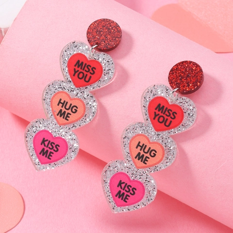 Pendientes Colgantes Románticos de Acrílico con Letras de Corazón para Fiesta de San Valentín Purpurina Dulce Joyería para Mujer