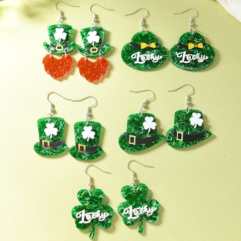 St Patrick's Day Acrylic Dangle Earrings Green Glitter Shamrock Leprechaun Design Stainless Steel Post Irish Women Jewelry