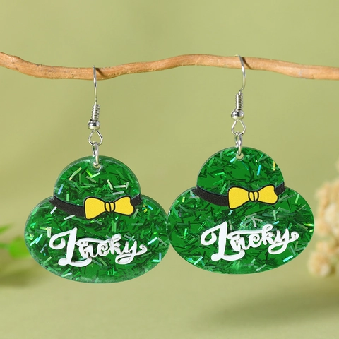 St. Patrick's Day Acrylic Earrings For Women Green Shamrock Lucky Hat Leprechaun Rainbow Printed Dangle Earrings Stainless Steel Post Jewelry
