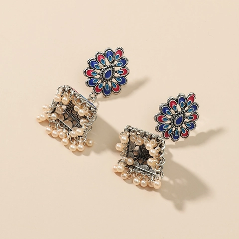 Vintage Bohemian Indian Jhumka Bell Earrings For Women Antique Silver Alloy Enamel Flower Dangle Earrings With Faux Artificial Pearl