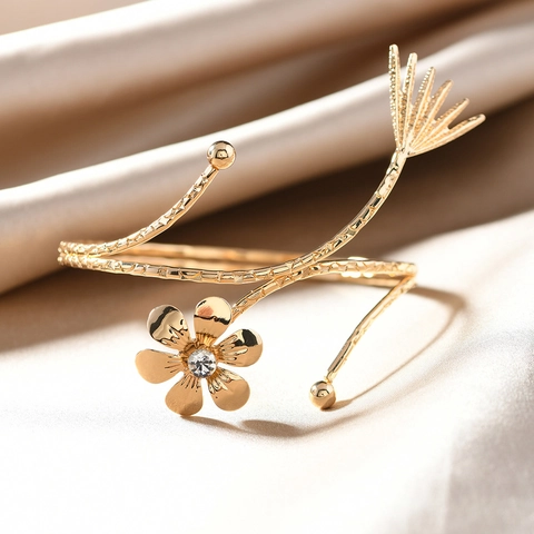 Vintage Gold Color Alloy Rhinestone Flower Butterfly Open Arm Cuff Adjustable Armband Jewelry For Women Party Wedding