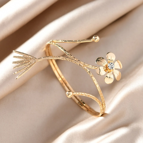 Vintage Gold Color Alloy Rhinestone Flower Butterfly Open Arm Cuff Adjustable Armband Jewelry For Women Party Wedding