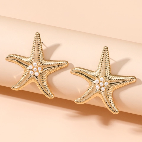 Ocean Style Starfish Artificial Pearl Earrings For Women Alloy Rhinestone Starfish Ring Set Summer Beach Holiday Jewelry