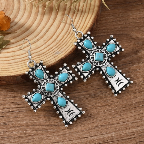 Boho Vintage Kreuz Ohrhänger Für Damen Antiksilber Legierung Künstlicher Türkis Ethno Stil Schmuck Geschenk