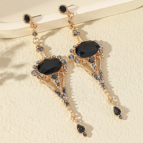 Vintage Palace Alloy Rhinestone Dangle Earrings Bohemian Geometric Fan Shaped Inlaid Resin Earrings For Women Banquet Jewelry