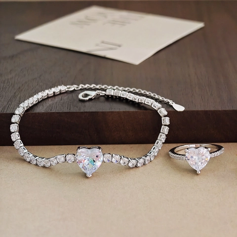 Heart Shape Zirconia Jewelry Collection For Women Alloy Heart Stone Tennis Bracelet And Matching Ring Elegant Anniversary Gift