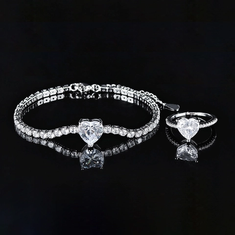 Heart Shape Zirconia Jewelry Collection For Women Alloy Heart Stone Tennis Bracelet And Matching Ring Elegant Anniversary Gift