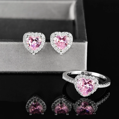 Süßes Herz Schmuckset Kupfer Synthetischer Zirkonia Herzform Ring Und Ohrstecker Romantisches Geschenk Für Damen Party Schmuck