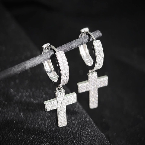 Fashion Copper Cross Drop Earrings Silver Plated Pave Rhinestone Huggie Hoop Earrings For Women Men Jewelry Accessories