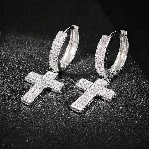 Fashion Copper Cross Drop Earrings Silver Plated Pave Rhinestone Huggie Hoop Earrings For Women Men Jewelry Accessories