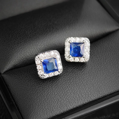 Elegantes Pendientes de Botón Cuadrados de Zirconia Halo para Mujer de Cobre con Incrustaciones de Piedras Preciosas Azules