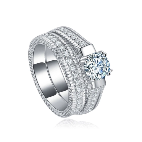 Exquisite Copper Zirconia Main Ring and Side Rings For Women Silver Plated Elegant Geometric Jewelry For Wedding Party