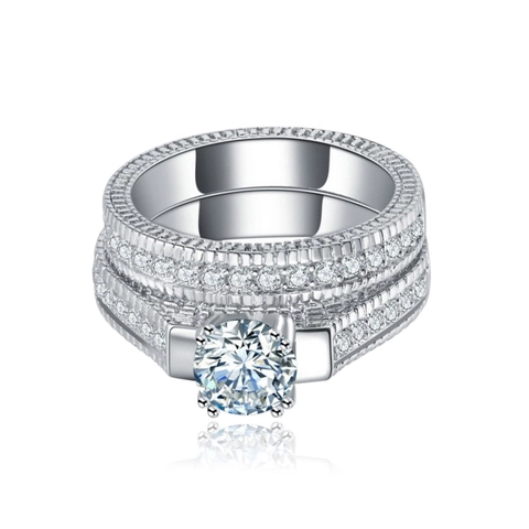 Exquisite Copper Zirconia Main Ring and Side Rings For Women Silver Plated Elegant Geometric Jewelry For Wedding Party
