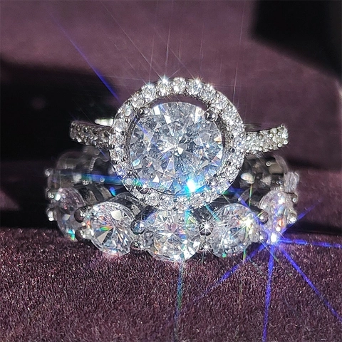 Luxury Copper Rhinestone Round Engagement Rings For Women Geometric Halo Eternity Wedding Jewelry Valentine's Day