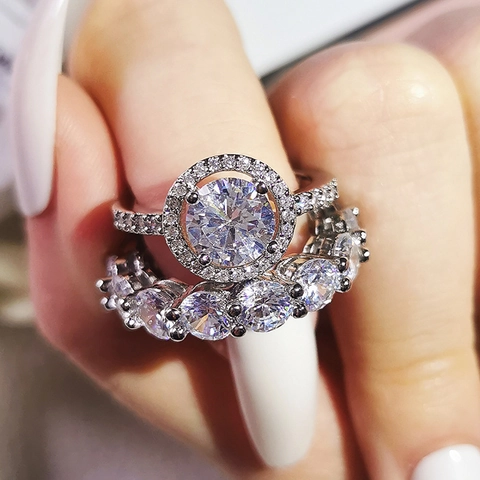 Luxury Copper Rhinestone Round Engagement Rings For Women Geometric Halo Eternity Wedding Jewelry Valentine's Day