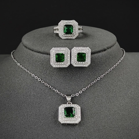 Vintage Copper Square Zirconia Halo Jewelry For Women Elegant Emerald Pink White Necklace Earrings Adjustable Ring
