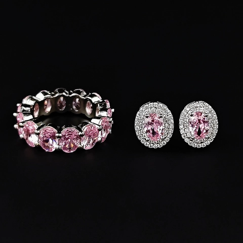 Luxurious Copper Jewelry Collection With Oval Zirconia Inlaid Finger Ring And Halo Stud Earrings For Women Wedding Party Jewelry