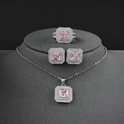 Vintage Copper Square Zirconia Halo Jewelry For Women Elegant Emerald Pink White Necklace Earrings Adjustable Ring