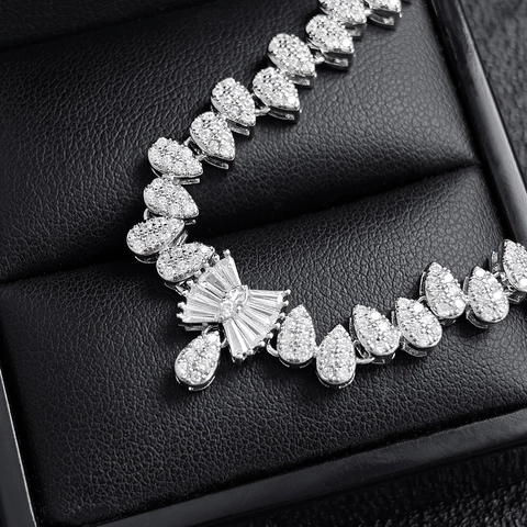 Luxus Kupfer Zirkonia Schleife Wassertropfen Anhänger Halskette Für Damen Braut Hochzeit Bankett Party Schmuck
