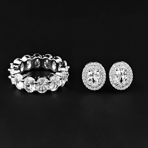 Luxurious Copper Jewelry Collection With Oval Zirconia Inlaid Finger Ring And Halo Stud Earrings For Women Wedding Party Jewelry