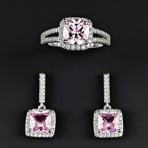 Luxurious Copper Cubic Zirconia Earrings And Ring Square Geometric Wedding Party Jewelry For Women Silver Tone Accessories