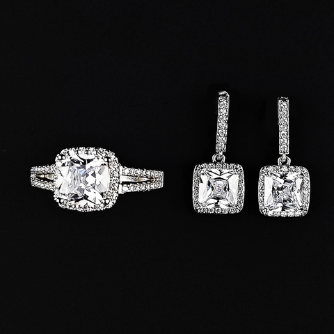 Luxurious Copper Cubic Zirconia Earrings And Ring Square Geometric Wedding Party Jewelry For Women Silver Tone Accessories