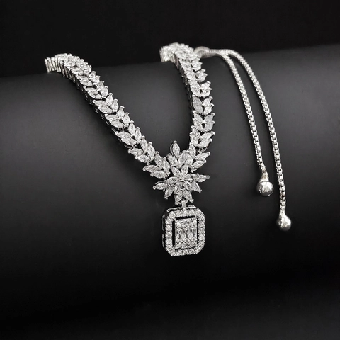 Luxus Kupfer Zirkonia Halskette Ohrringe Schmuck Für Damen Versilbert Smaragdschliff Verstellbar Braut Hochzeit Bankett